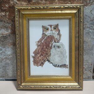 Vintage Framed Art Print Screech Mother Baby Owl